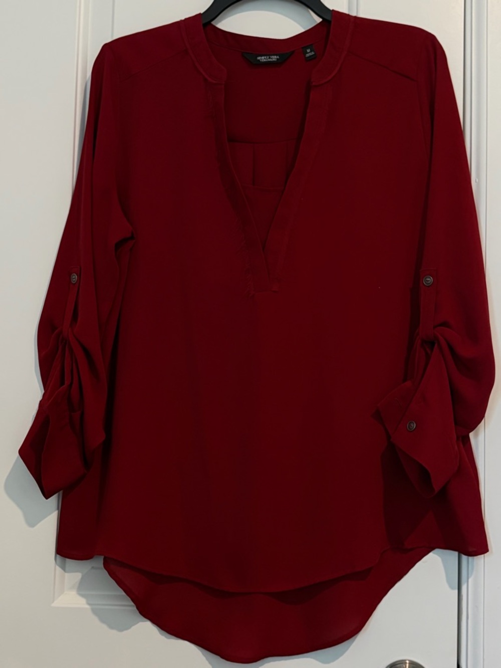 Vera Wang Red 3/4 Sleeve Tie Front Blouse Deep Red Color.